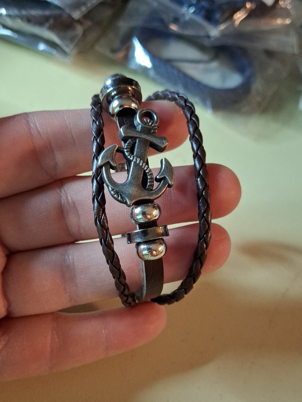 Nautical Brown Braided Pleather Anchor Bracelet with Silver Accents